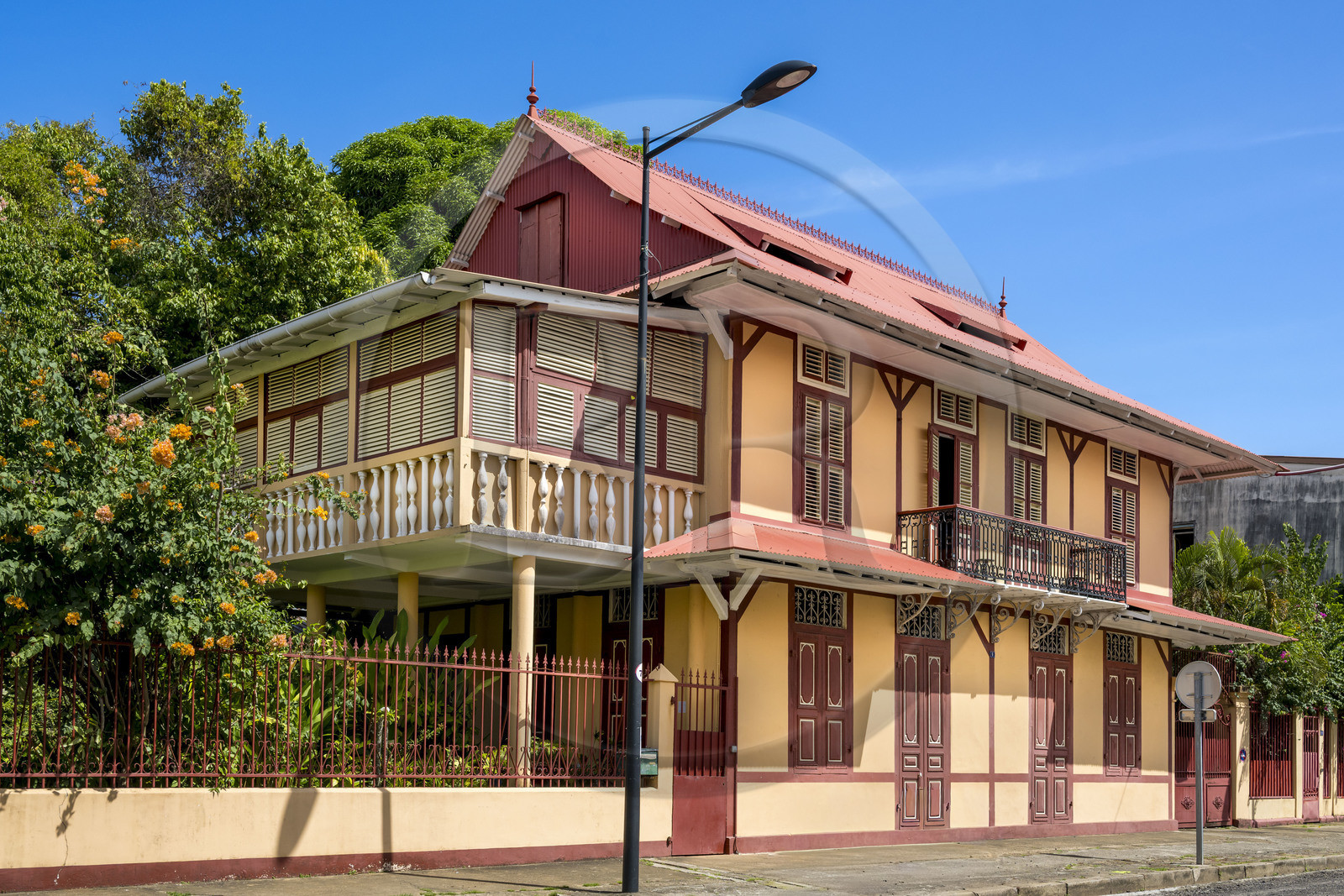 France, French Guiana, Cayenne, traditional colonial-style house in the old town on Héder Street