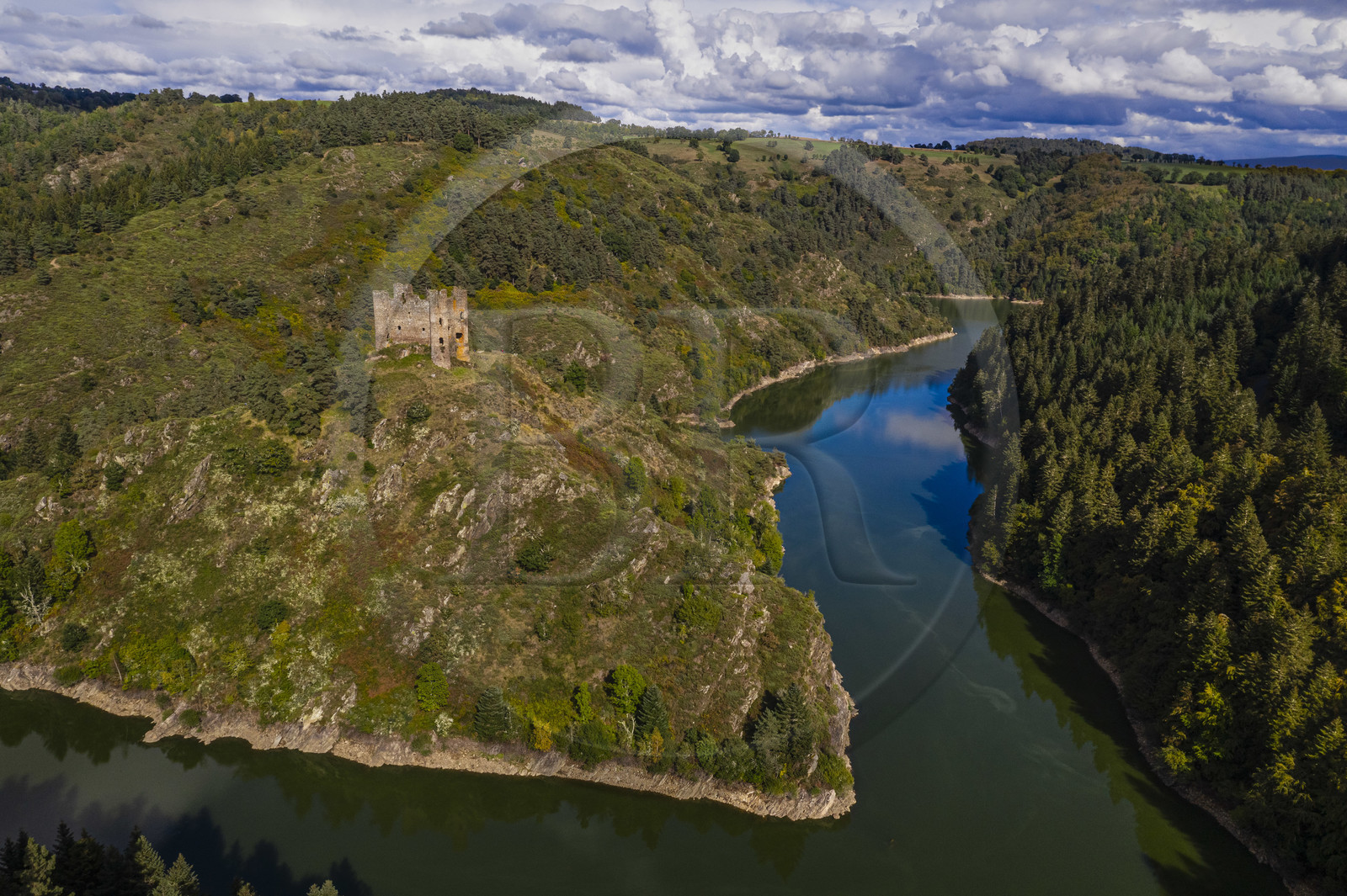 France, Cantal (15), Gorges de la Truyère, Alleuze, ruines féodales perchées du château fort d'Alleuze du XIIIe siècle reconstruit en 1405 (vue aérienne)