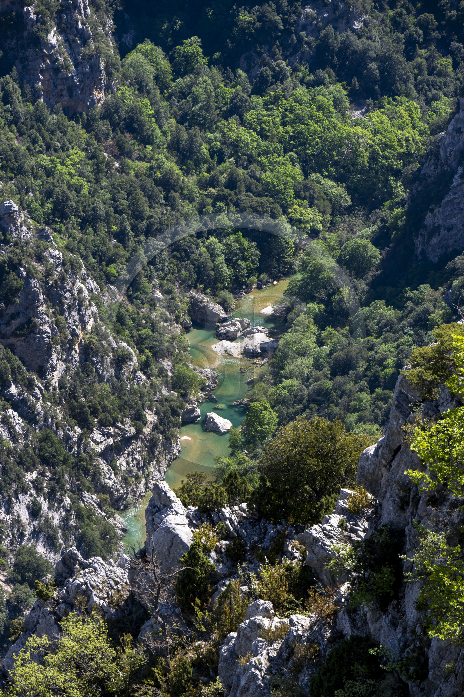 France, Var on the Left Bank and Alpes de Haute Provence on the Right Bank, Parc Naturel Regional du Verdon, the Verdon Gorge opening onto Lake St. Croix seen from the Col d'Illoire