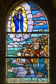 France, Cotes d'Armor, Ploubazlanec, , hamlet of Pors-Even, chapel of Perros-Hamon cited in Pierre Loti's novel Fishermen of Iceland, Ex-voto stained glass window of the miraculous rescue of the sailors from the boat Ville du Havre in 1841