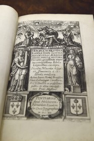 France, Seine Maritime, Rouen, the archiepiscopal palace, Historial Joan of Arc Museum, first book on the history of Joan of Arc published in Latin in 1612 by Jean Hordal