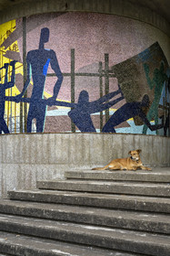France, Loire-Atlantique, Saint-Nazaire, the Sainte-Anne church dating from the reconstruction of the city, one of the two mosaics representing the work of the workers in the Saint-Nazaire shipyards designed by the poster artist Paul Colin and produced by the Jean Barillet workshops