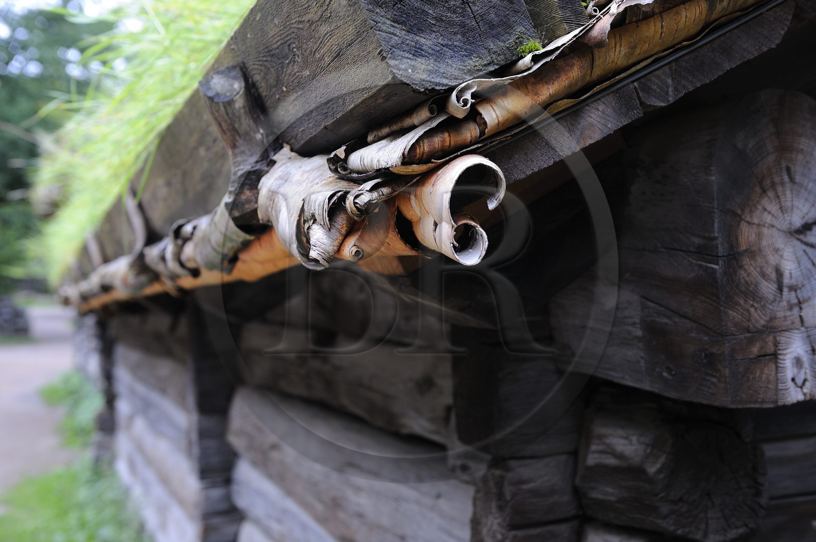 Norvège, Oslo, presqu'île de Bygdoy, musée du Folklore norvégien (Norsk Folkemuseum), ferme ancienne transplantée dans l'Ecomusée, isolation en écorce de boulot