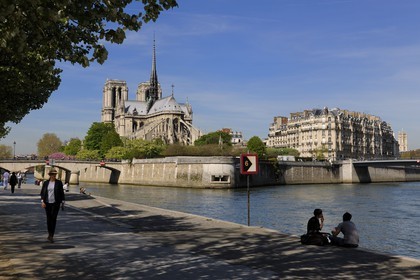 France, Paris (75), les rives de la Seine classées Patrimoine Mondial de l'UNESCO et la cathédrale Notre Dame sur l'île de la Cité et le pont Saint-Louisdepuis le quai de la Tournelle