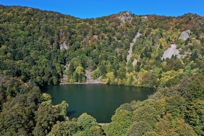 France, Haut Rhin, Ballons des Vosges Regional Natural Park, Rimbach pres Masevaux, the Lac des Perches below Gazon Rouge (aerial view)