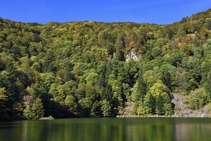 France, Haut Rhin, Ballons des Vosges Regional Natural Park, Rimbach pres Masevaux, the Lac des Perches under Gazon Rouge in the Vosges