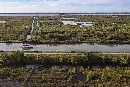 France, Gard (30), la Petite Camargue, navigation d'un bateau de plaisance Le Boat sur le canal du Rhône à Sète entre Gallician et Aigues-Mortes (vue aérienne) France, Gard, the Petite Camargue, navigation of a pleasure boat Le Boat on the Rhone to Sète Canal between Gallician and Aigues-Mortes (aerial view)