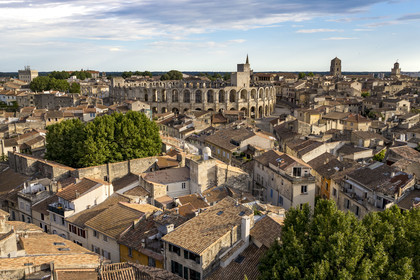 France, Bouches du Rhone, Arles, the Arena, a Roman amphitheater built around 80-90 AD, listed as World heritage by UNESCO, in the heart of the old town (aerial view)