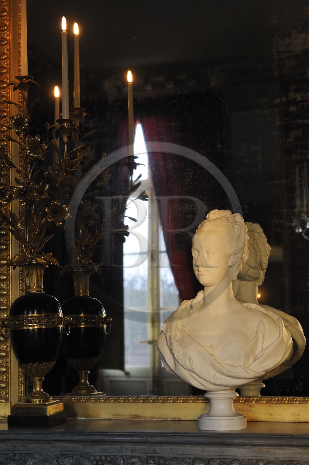 France, Yvelines, Chateau de Versailles, listed as World Heritage by UNESCO, Domaine de Marie Antoinette, the Petit Trianon, the big dining room with Queen Marie Antoinette's bust on the chimney