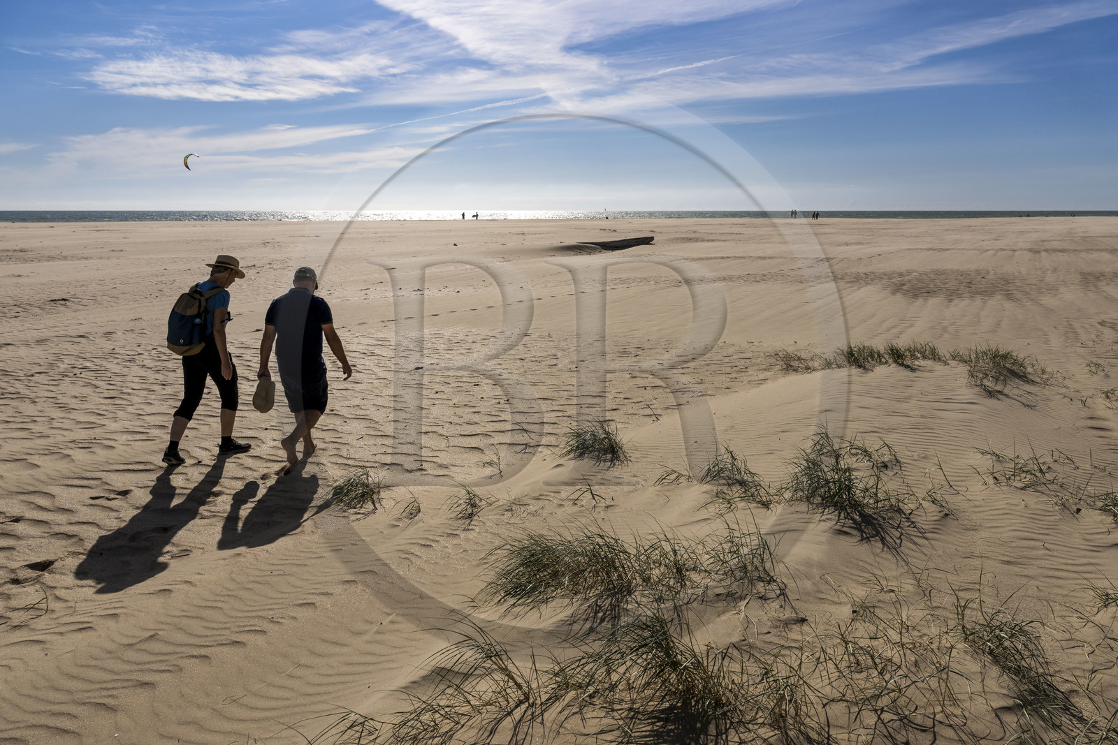 France, Vendée (85), Talmont-Saint-Hilaire, la Pointe du Payré, randonneurs sur la plage du Veillon