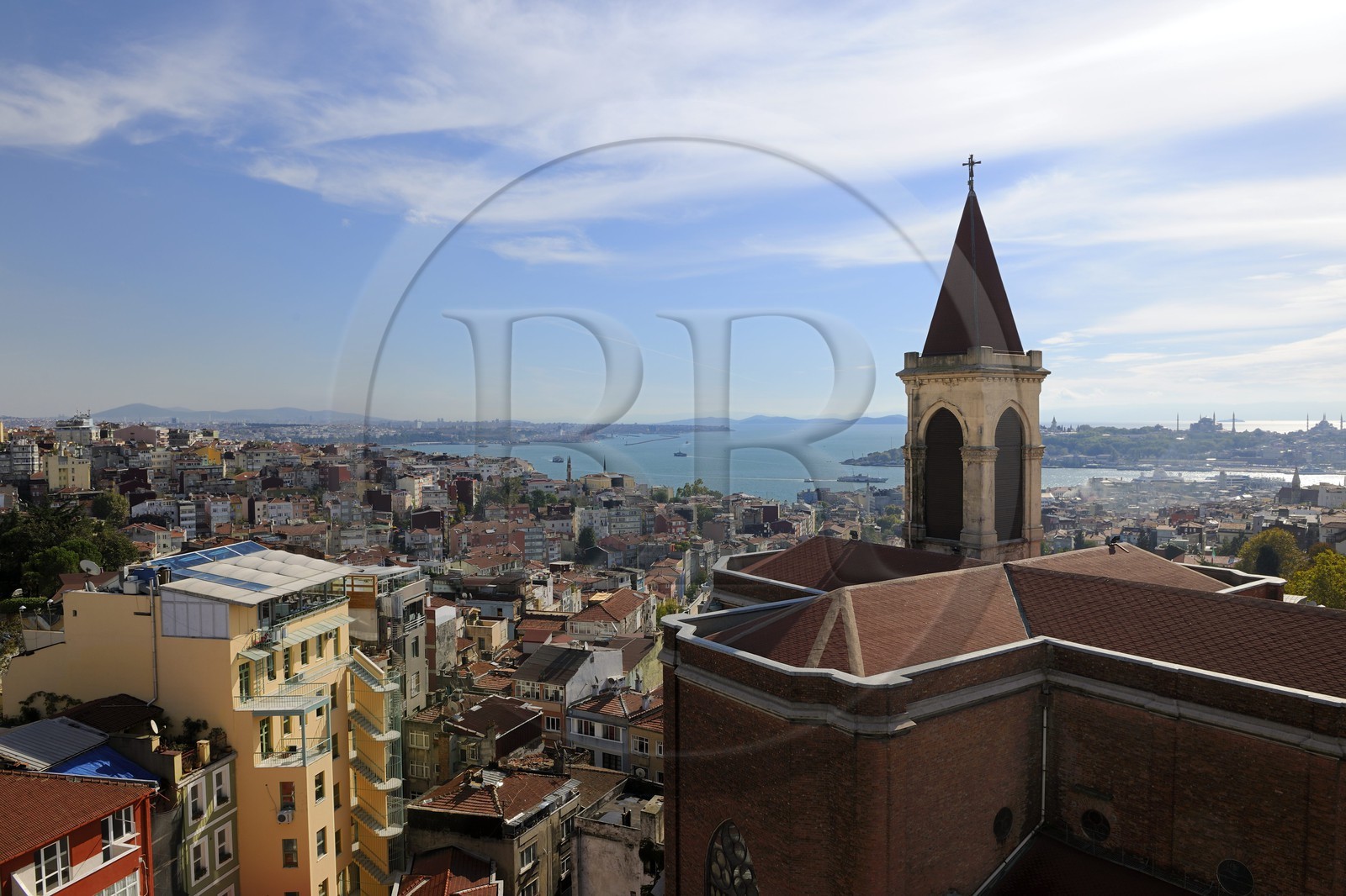 Turkey, Istanbul, Beyoglu District, St. Anthony church in the foreground and Bosphore Strait in the background