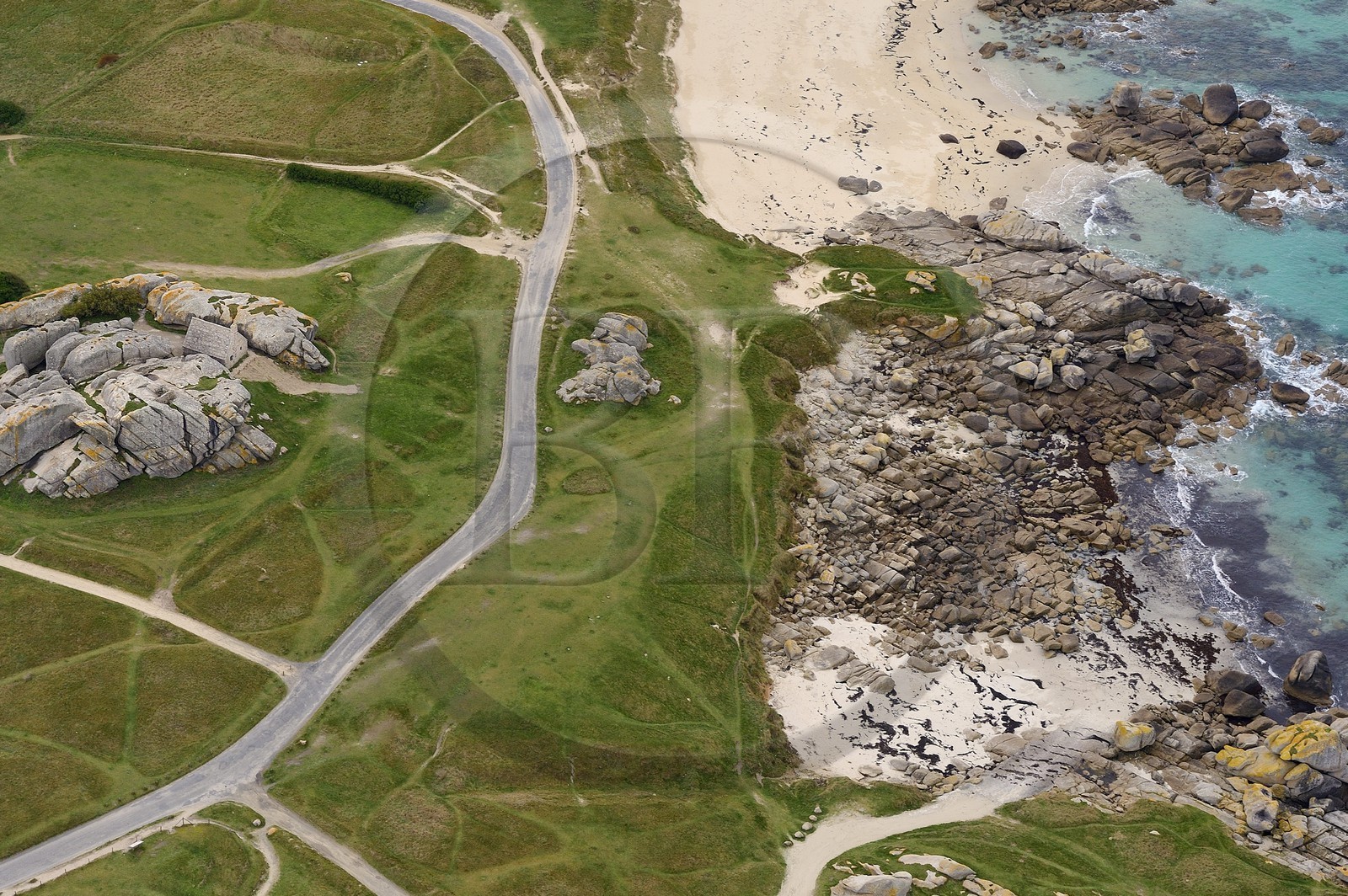 France, Finistere, the Coast of Legends in the heart of the Pays Pagan, Kerlouan, Meneham range, the guard, a former customs post seventeenth century (aerial view)