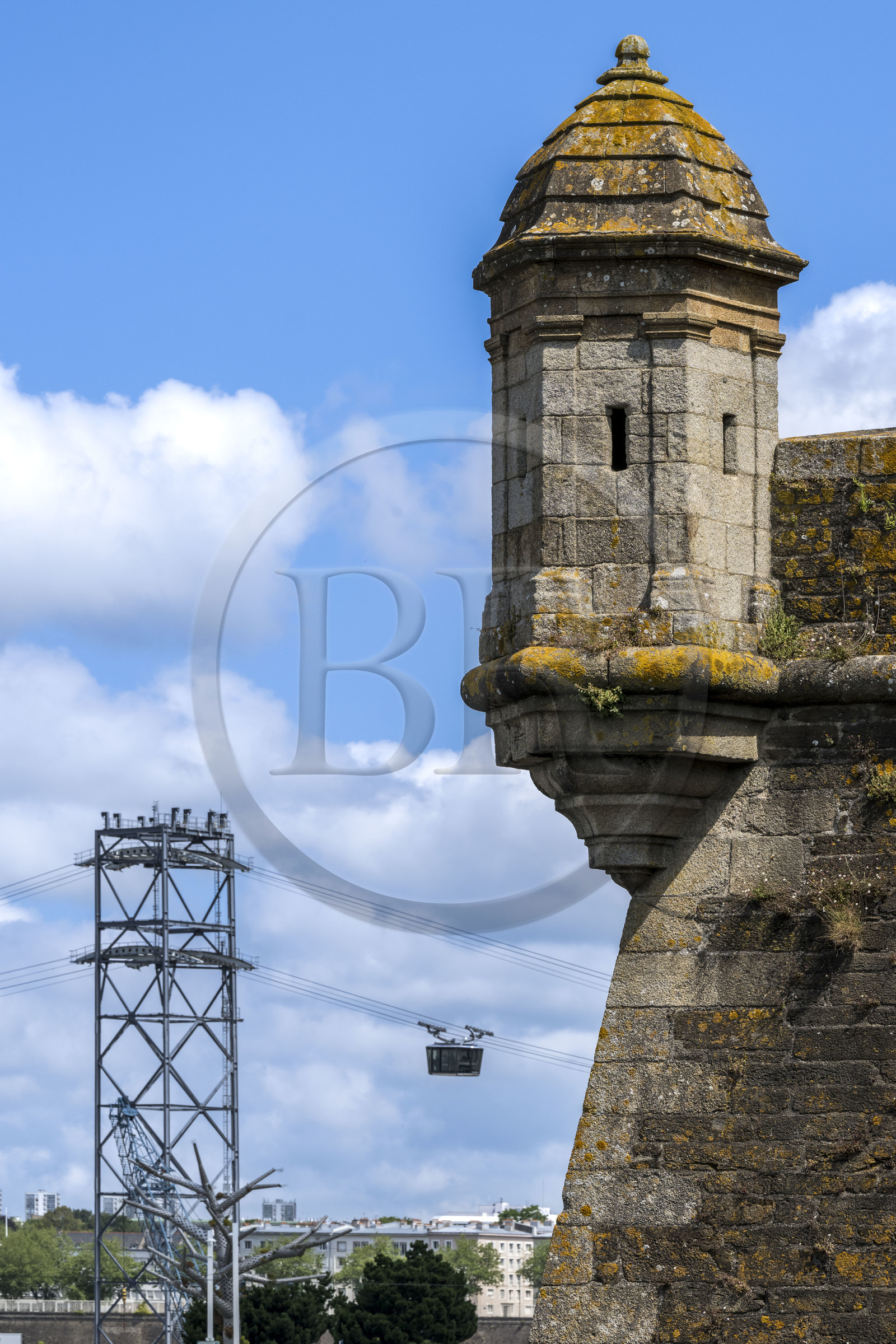 France, Finistère, Brest, the castle which houses the national maritime museum, watchtower and the Brest urban cable car in the background
