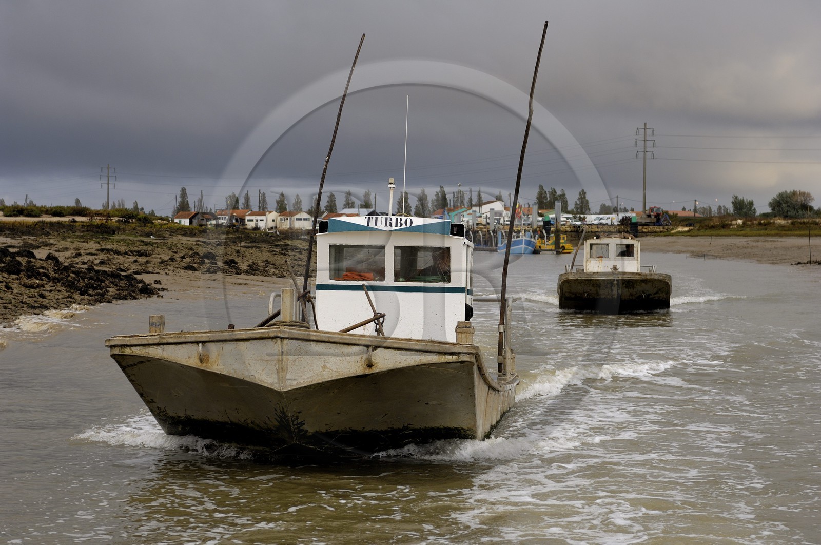 France, Charente-Maritime (17), Ile d'Oléron, le chenal d'Ors, chaland à huîtres dans le port ostréicole