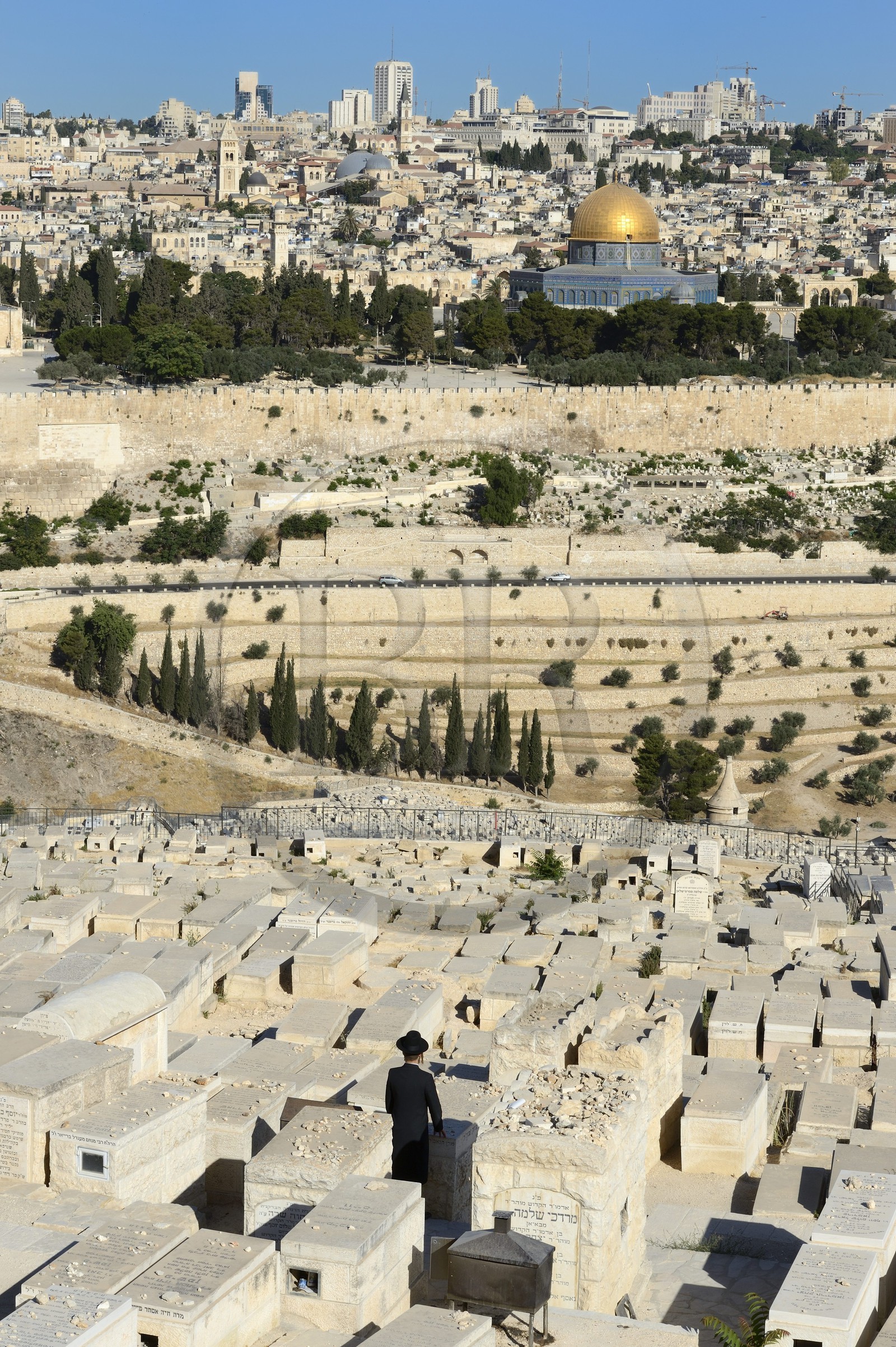Israel, Jérusalem, ville sainte, vieille-ville classée Patrimoine Mondial de l'UNESCO, le Dôme du Rocher sur l'esplanade des Mosquées (Haram el-Sharif) et le cimetière juif sur le Mont des Oliviers