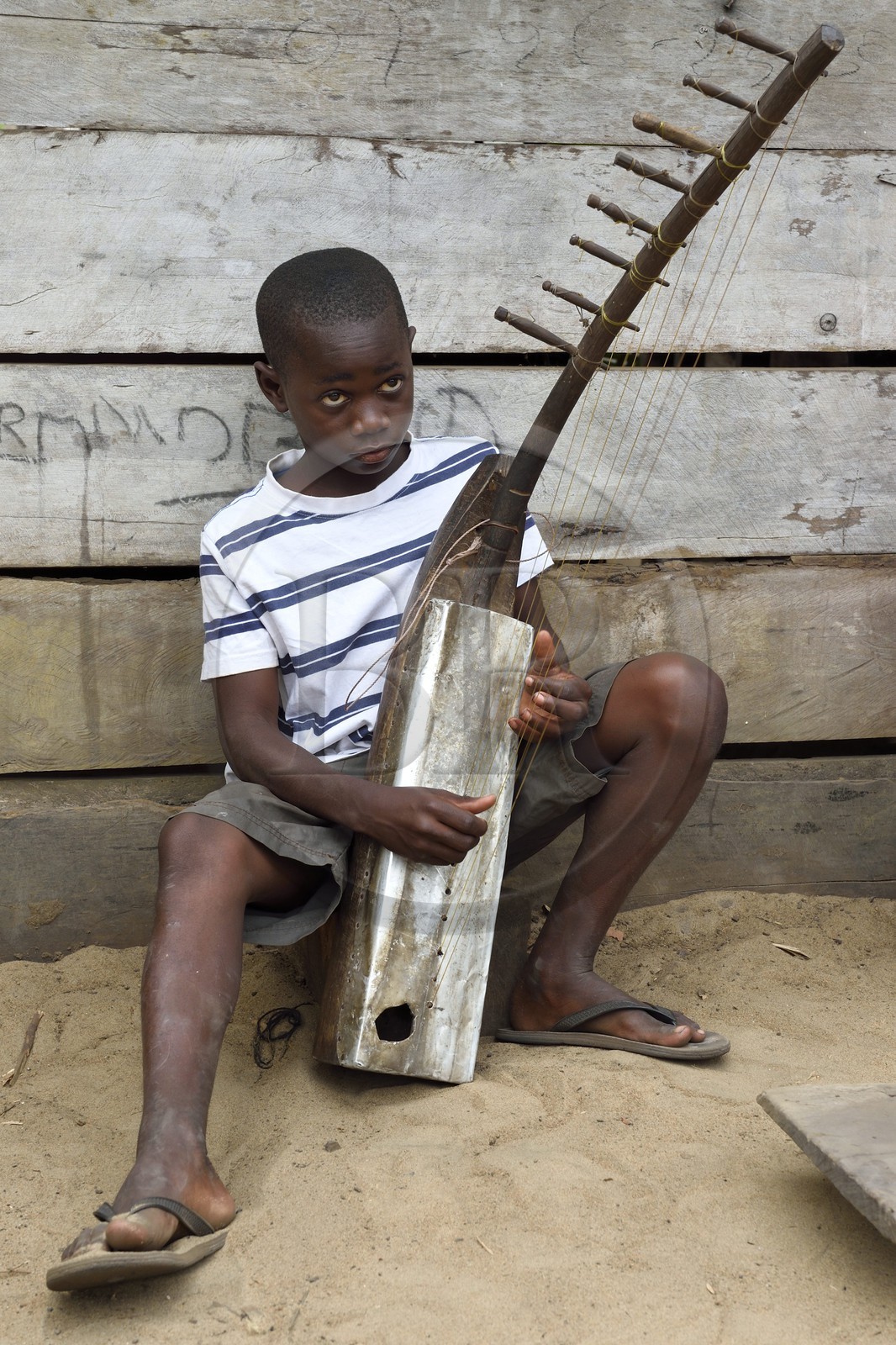 Gabon, province de Ogooué- Maritime, Omboué, région du Loango, joueur de harpe africaine n'gombi