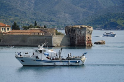 Italie, Toscane, l’Ile d’Elbe, Portoferraio, la Tour Torre del Martello à l'entrée du vieux Port