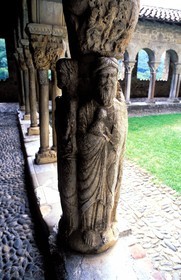 France, Haute Garonne, Saint Bertrand de Comminges village, labelled Les Plus Beaux Villages de France (The Most Beautiful Villages of France), the pillar of the four evangelists of the cloister