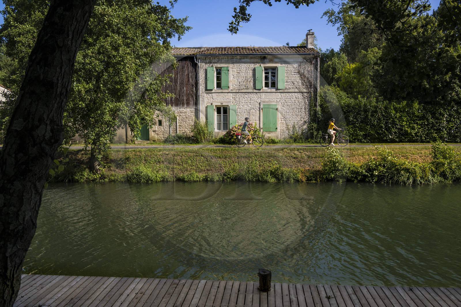 France, Deux-Sèvres (79), le Marais Poitevin, la Venise Verte, Coulon, maison du marais typique au bord de la Sèvre Niortaise et de la voie cyclable de la Vélo Francette