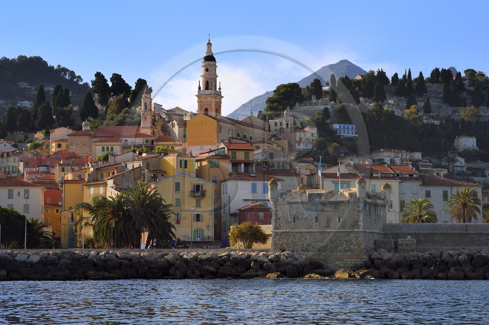France, Alpes-Maritimes, Menton, old town dominated by the St Michel Basilica and the Bastion of the Old Port in the foreground