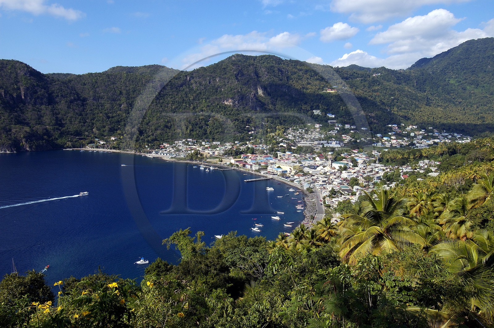 Caribbean sea, St Lucia island, bay and village of Soufriere