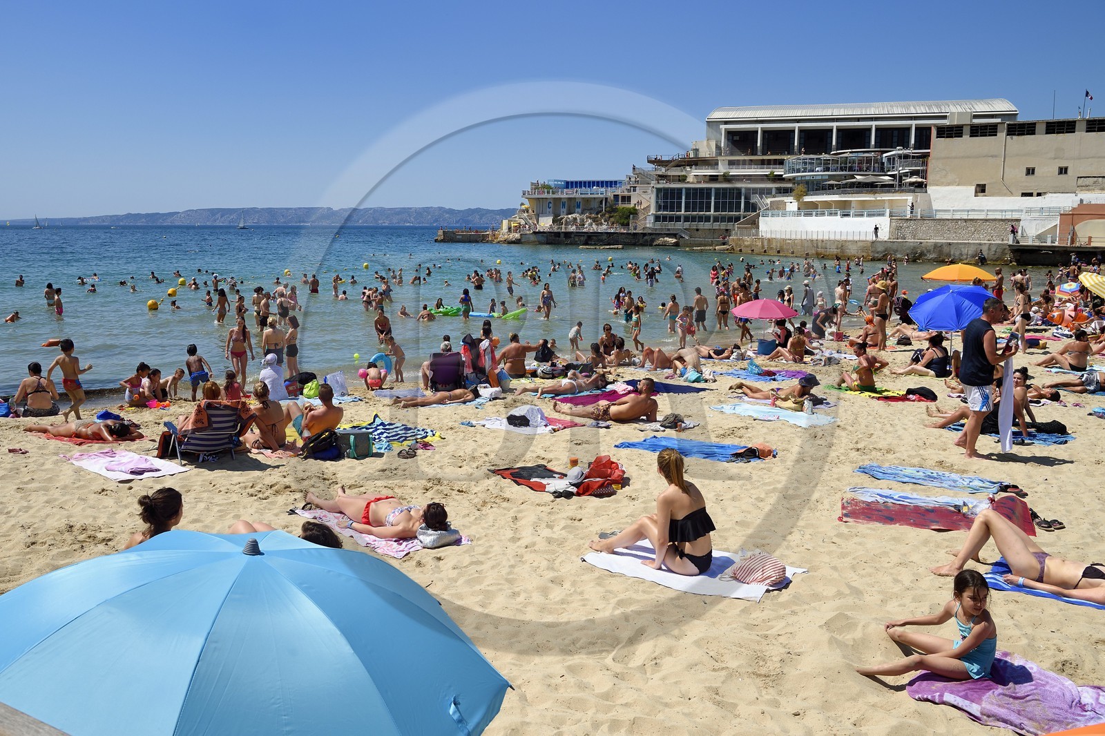 France, Bouches du Rhone, Marseille, Catalans district, Catalans beach and the swimming pool of the Cercle des Nageurs de Marseille or CNM in the background