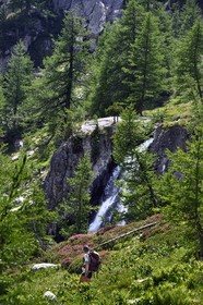 France, Alpes-Maritimes (06), parc national du Mercantour, vallée de la Valmasque, randonneur passant devant une cascade