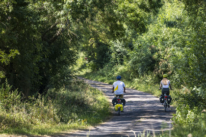 France, Maine-et-Loire (49), vallée de la Loire classée au Patrimoine Mondial par l'UNESCO, Saumur vers Saint-Hilaire, randonnée à bicyclette le long des berges de la Loire sur la piste cyclable La Loire à Vélo, vélo avec une remorque transportant le matériel de camping