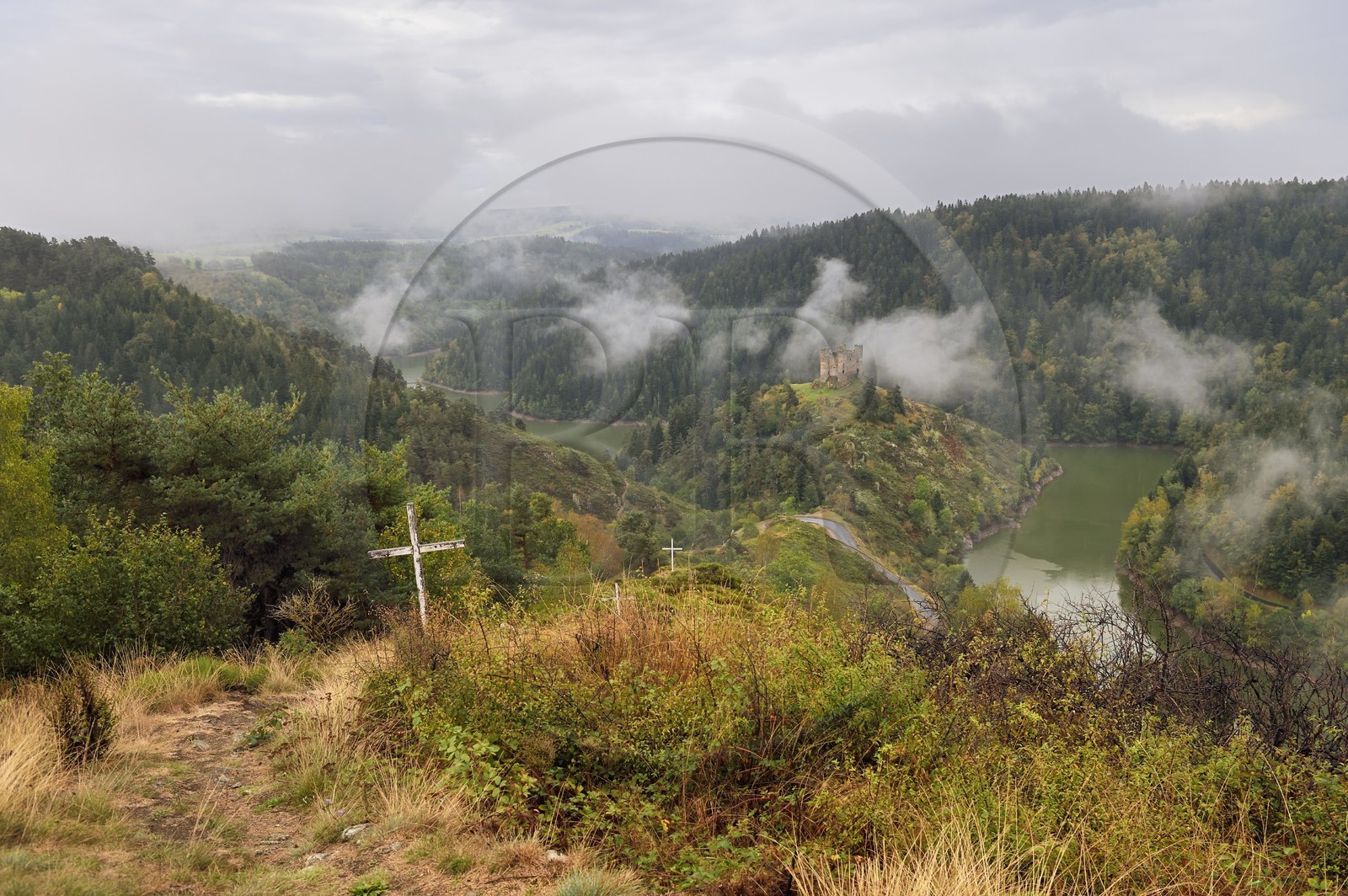France, Cantal (15), Gorges de la Truyère, Alleuze, ruines féodales perchées du château fort d'Alleuze du XIIIe siècle reconstruit en 1405