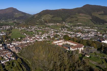 France, Pyrenees Atlantiques, Basque Country, Saint Jean Pied de Port overlooked by the citadelle consolidated by Vauban and crossed by the Nive of Beherobie river(aerial view)