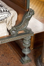 France, Alpes-Maritimes, Beaulieu-sur-Mer, neo-Greek style villa Kerylos build in 1908 by architect Emmanuel Pontremoli, bedroom of Théodore Reinach whose bed is a copy of a bed found in Pompei (detail)