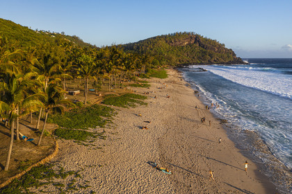 France, Reunion island (French overseas department), Petite-Ile on the southern coast, Grande Anse white sand beach at the foot of the Grande-Anse peak (aerial view)