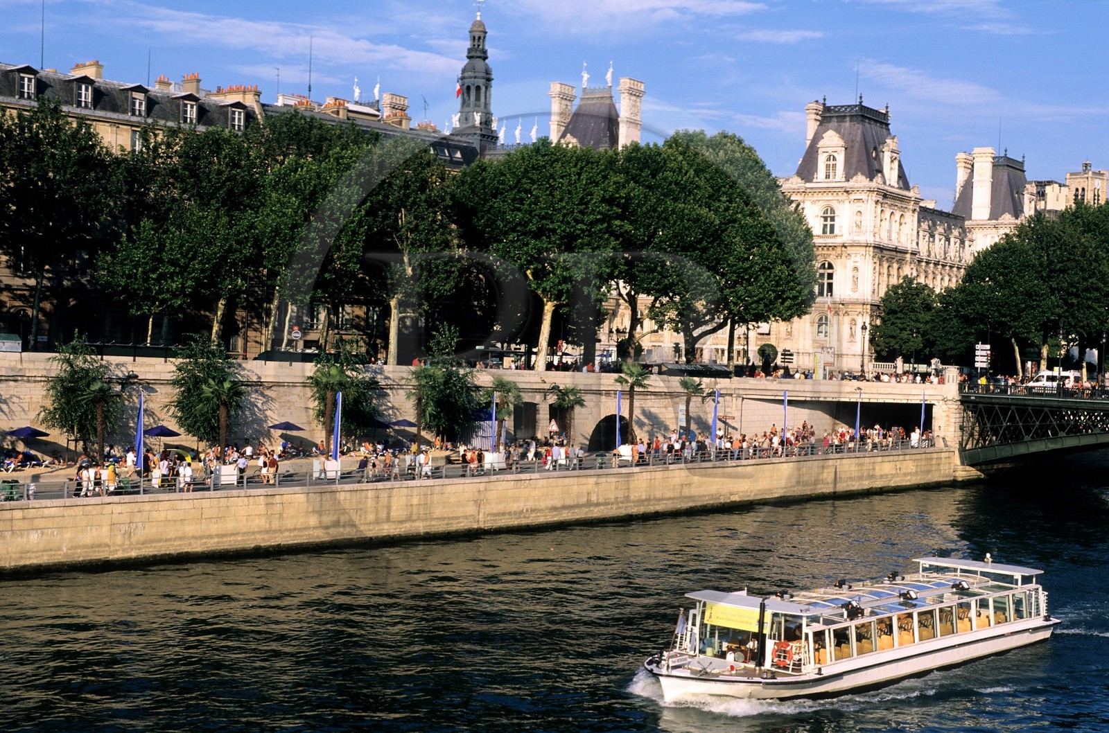France, Paris, banks of the Seine river listed as World Heritage by UNESCO, Paris Plage, beach festivall in August on the quays of the Seine closed to the traffic