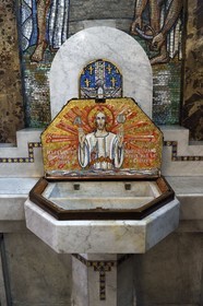 France, Allier (03), Vichy, Notre Dame des Malades (Our Lady of the Sick) church and Saint Blaise church, baptismal font covered with mosaics made by the Mauméjean brothers