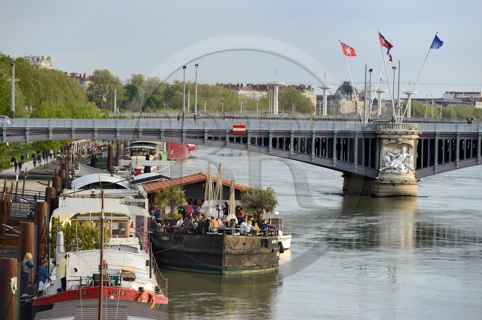 France, Rhone, Lyon, Rhone river banks, barge Cafe moored at quai General Sarrail and the Lafayette bridge