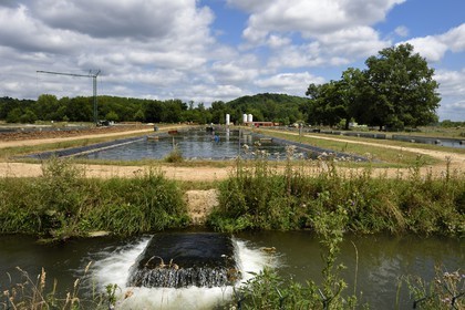 France, Dordogne (24), Périgord Blanc, Neuvic sur l'Isle, Domaine Huso, société de production du Caviar de Neuvic, les bassins à esturgeons
