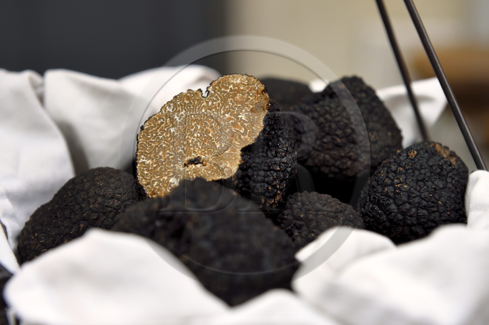 France, Dordogne (24), Périgord Blanc, Périgueux, Place Saint-Silain, épicerie-restaurant l'Espace du 6ème Sens, la truffe blanche d’été (Tuber aestivum)