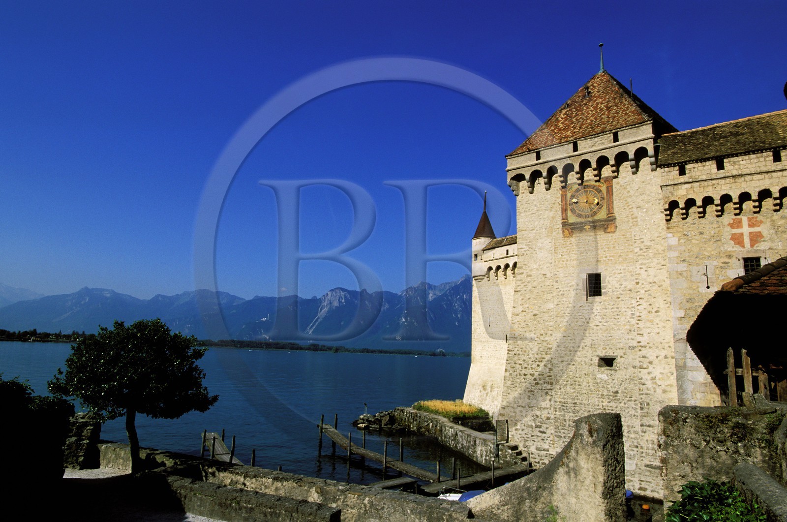 Switzerland, Vaud Region, Chillon castle on Leman Lake, south of Montreux