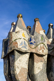 Spain, Catalonia, Barcelona, Eixample district, Passeig de Gracia, Casa Batllo by Catalan modernist architect Antoni Gaudi, UNESCO World Heritage site, chimneys
