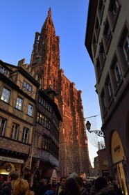 France, Bas Rhin, Strasbourg, old town listed as World Heritage by UNESCO, Place de la Cathedrale, the Maison Kammerzell built in the 15th-16th century converted to a hotel and restaurant, Notre Dame Cathedral in the background
