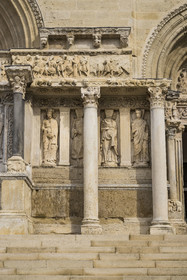 France, Gard, Saint Gilles du Gard, 12th-13th century Abbey Church of Saint-Gilles, classified as World Heritage by UNESCO under the routes to Santiago de Compostela in France, sculptures of the eastern facade of Provencal Romanesque style and corinthian capital