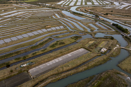 France, Charente-Maritime (17), Ile d'Oléron, Saint-Georges-d'Oléron, les marais salants Cabane O’Sel du saunier Samuel Barbereau (vue aérienne)