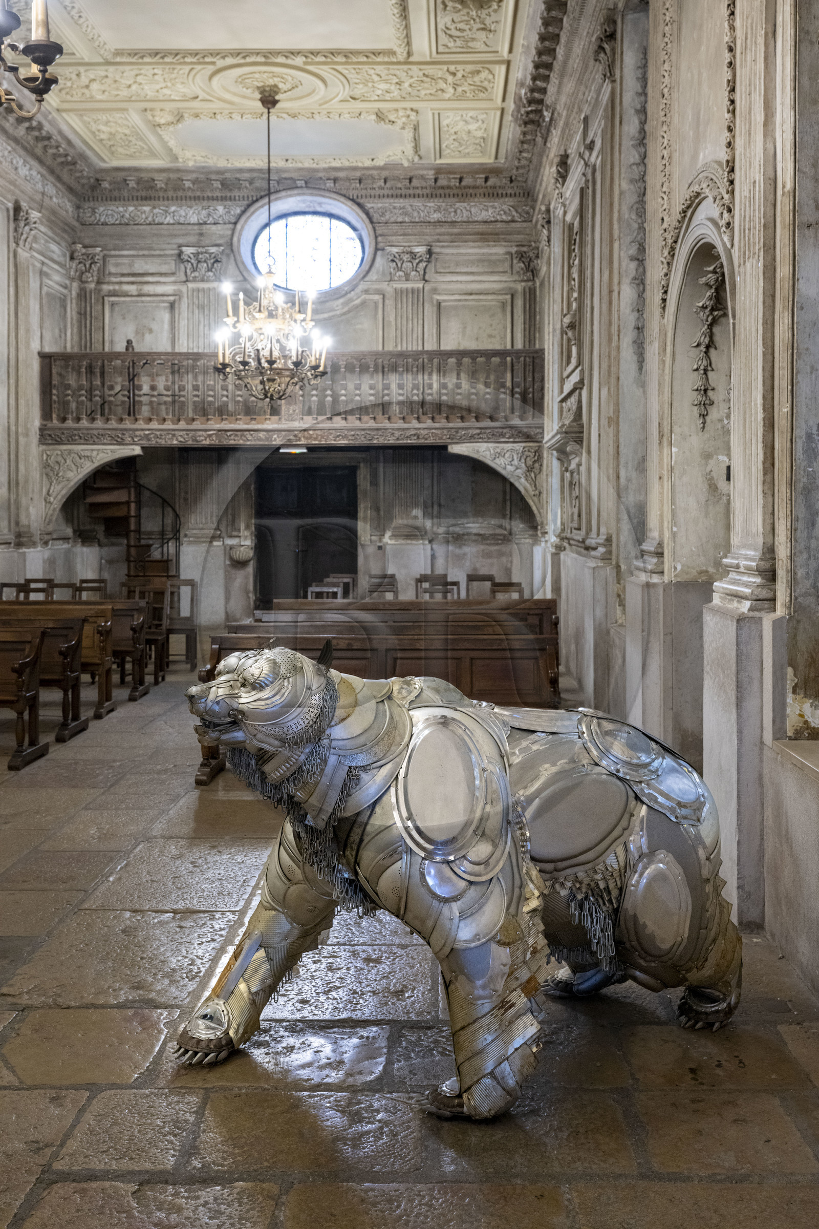 France, Cote d'Or, Climats terroirs of Burgundy listed as World Heritage by UNESCO, Beaune, the cellars of Maison Patriarche, a wine merchant-breeder company, interspersed with contemporary works of art from the In Situ gallery, Callisto (2019) by the artist Emilie Muzy in the former chapel of the Visitandines