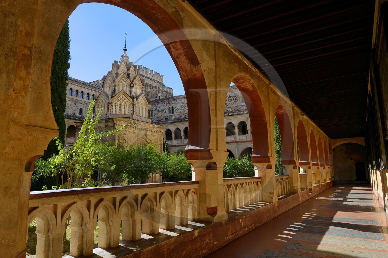 Spain, Extremadura, Guadalupe, Royal Monastery of Santa Maria de Guadalupe listed as World Heritage by UNESCO, Mudejar cloister built in the 15th century