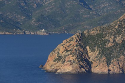 France, Corse-du-Sud (2A), Golfe de Girolata, classé Patrimoine Mondial de l'UNESCO, et le Capo Senino au premier plan (vue aérienne)