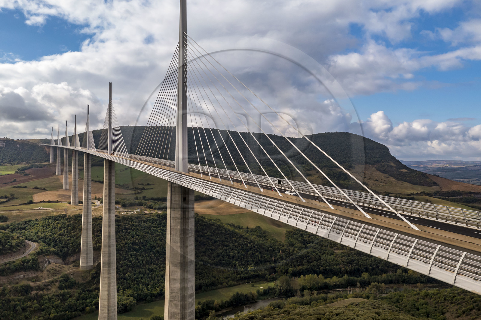France, Aveyron, Grands Causses regional natural park, Millau, the Millau viaduct by architects Michel Virlogeux and Norman Foster, between the Causse du Larzac and the Causse de Sauveterre above the Tarn river (aerial view)