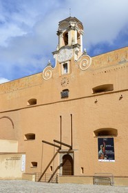 France, Haute Corse, Bastia, the Citadel district of Terra Nova, the palace of the Genoese governors that hosts the Musee d'Histoire de Bastia (Museum of Bastia History), main entrance by the old drawbridge on the Dungeon place