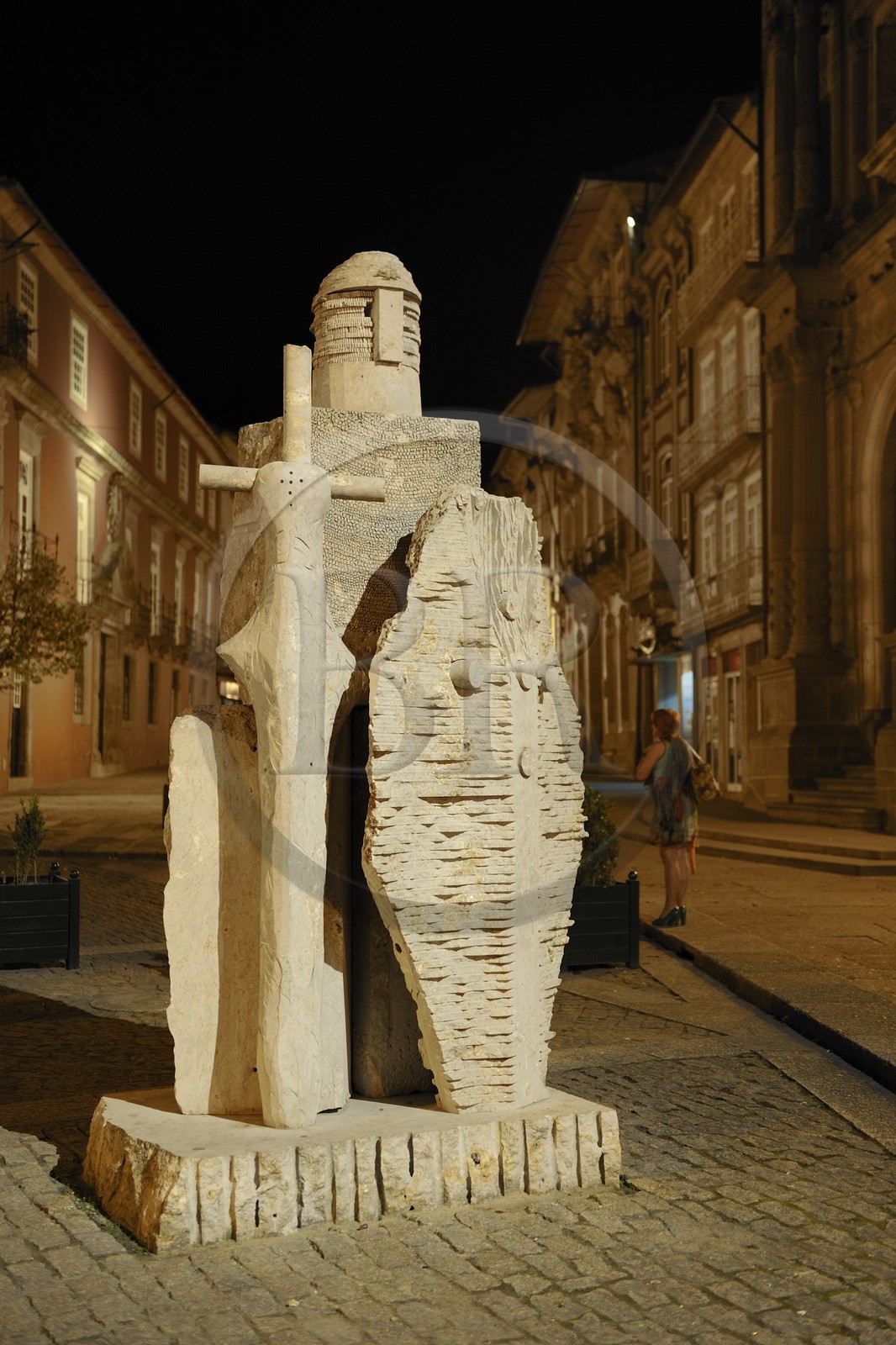 Portugal, Minho region, Guimaraes, town listed as World Heritage by UNESCO, statue of knight at the end of the Rainha Dona Maria street