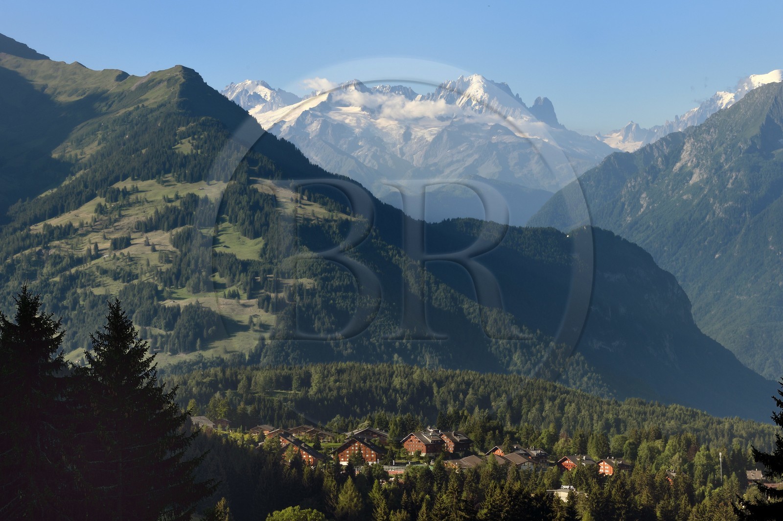 Suisse, canton de Vaud, Villars-sur-Ollon et le Mont-Blanc en arrière plan