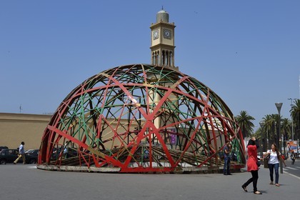 Morocco, Casablanca, United Nations square (place des Nations-Unies), the Zevaco sphere and the Clock Tower